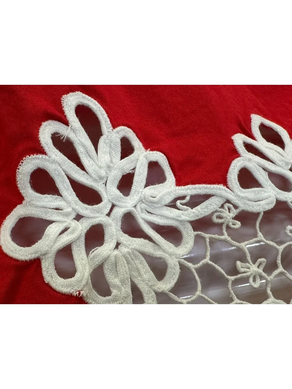 Vintage Cutwork Tablecloth Card Table Topper Floral Red White Embroidery Machine